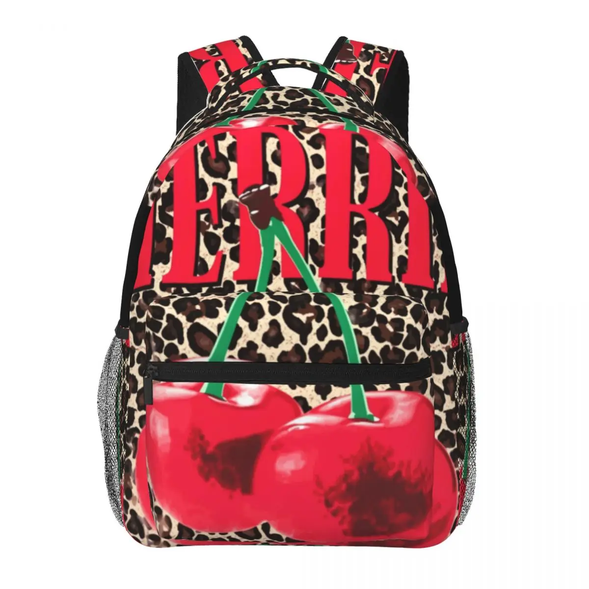 Aesthetic Student Backpack Center Cherries Leopard Print Y2K Retro Glam Red Brown Cream Casual Daypack for School Work Outdoor