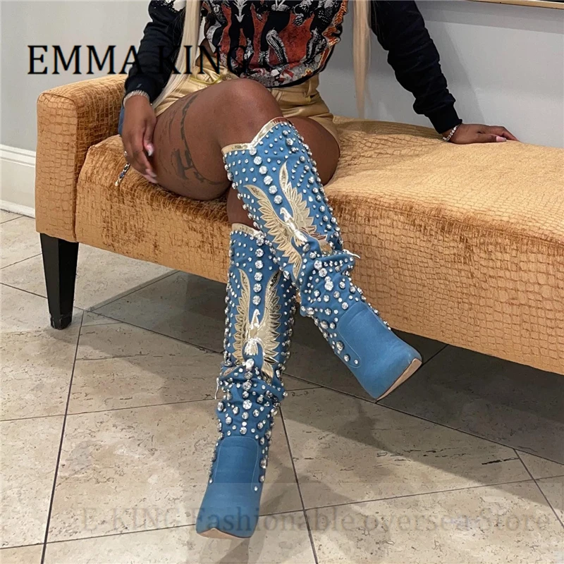 Women Rhinestone Embellished Denim Boots Sexy Pointed Toe Stiletto Heels Botines De Mujer Spring Autumn Western Knee High Boots