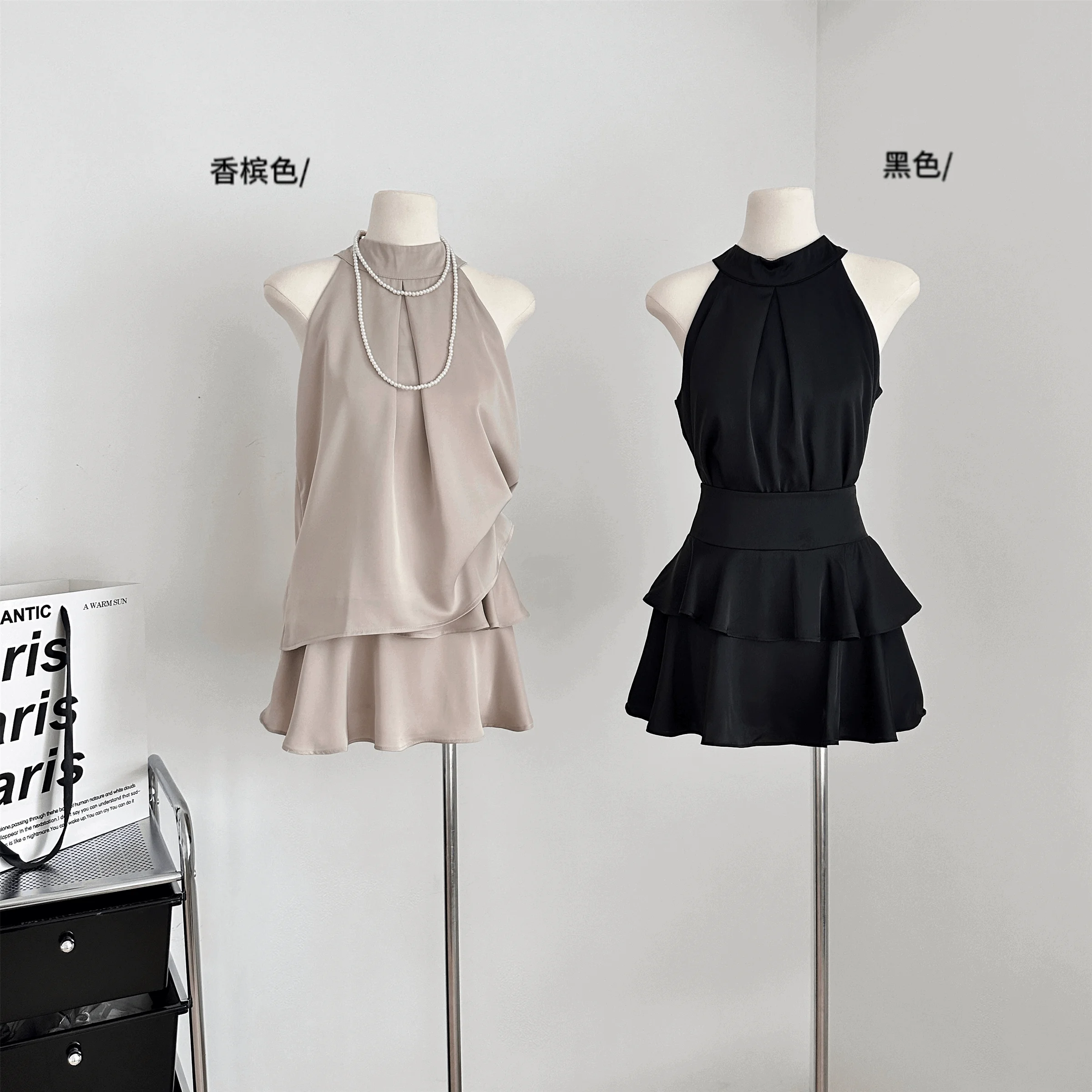 

Sleeveless Stain O-neck Tank Top Female High-waisted Slim Ruffled Cake Skirt Summer Lady Elegant Blouses Sexy Two Pieces Set
