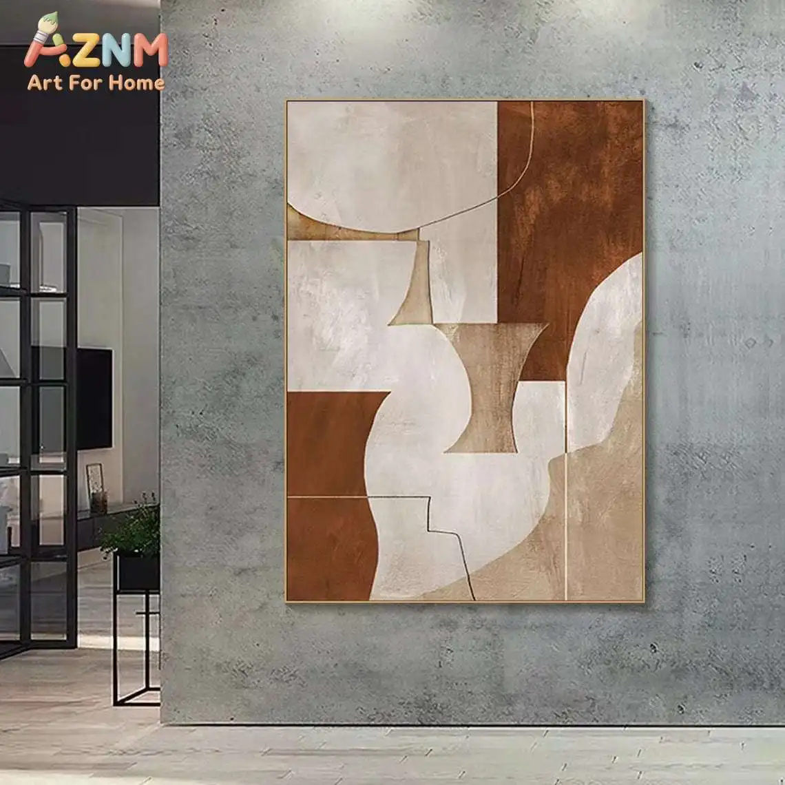 AZNM Wabi Sabi Terracotta Neutral Abstract Geometric Canvas Wall Art, Minimalist Earth Tone Curved Shape Line Art Unframed Print