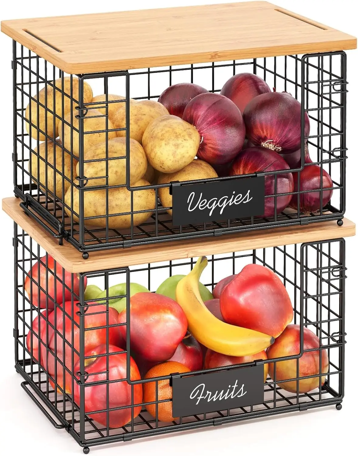 2 Pack Stackable Wire Baskets with Bamboo Top for Pantry Organizers and Storage,Kitchen Organization Counter Basket