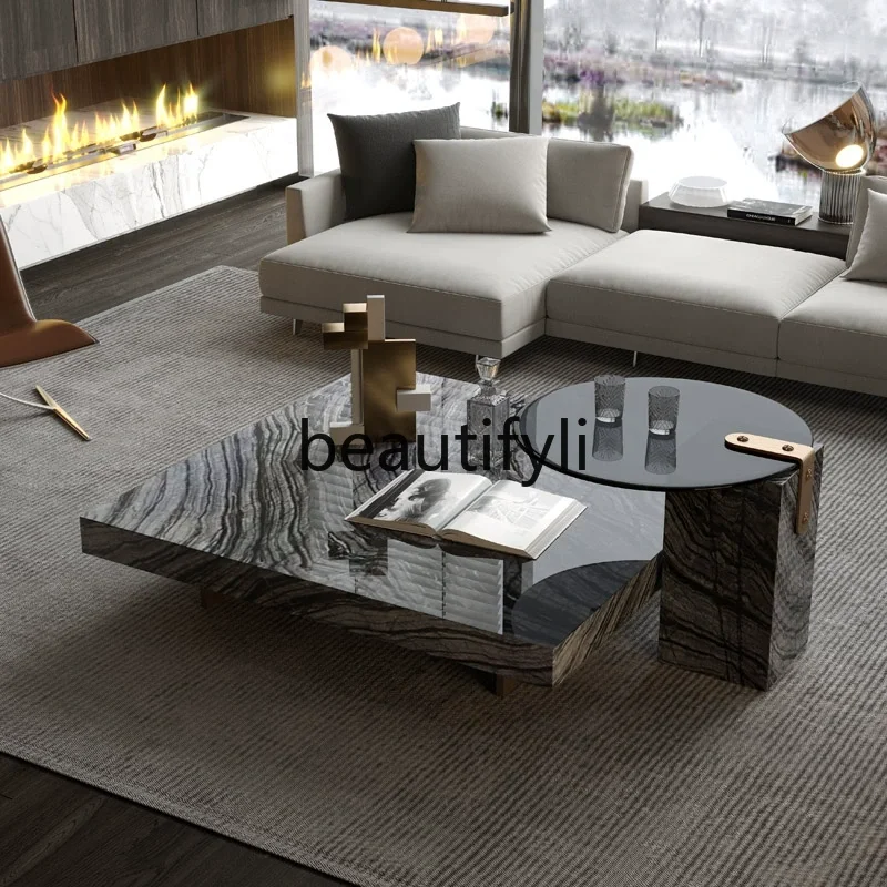 

Marble coffee table combination square Italian living room minimalist natural ancient wood pattern