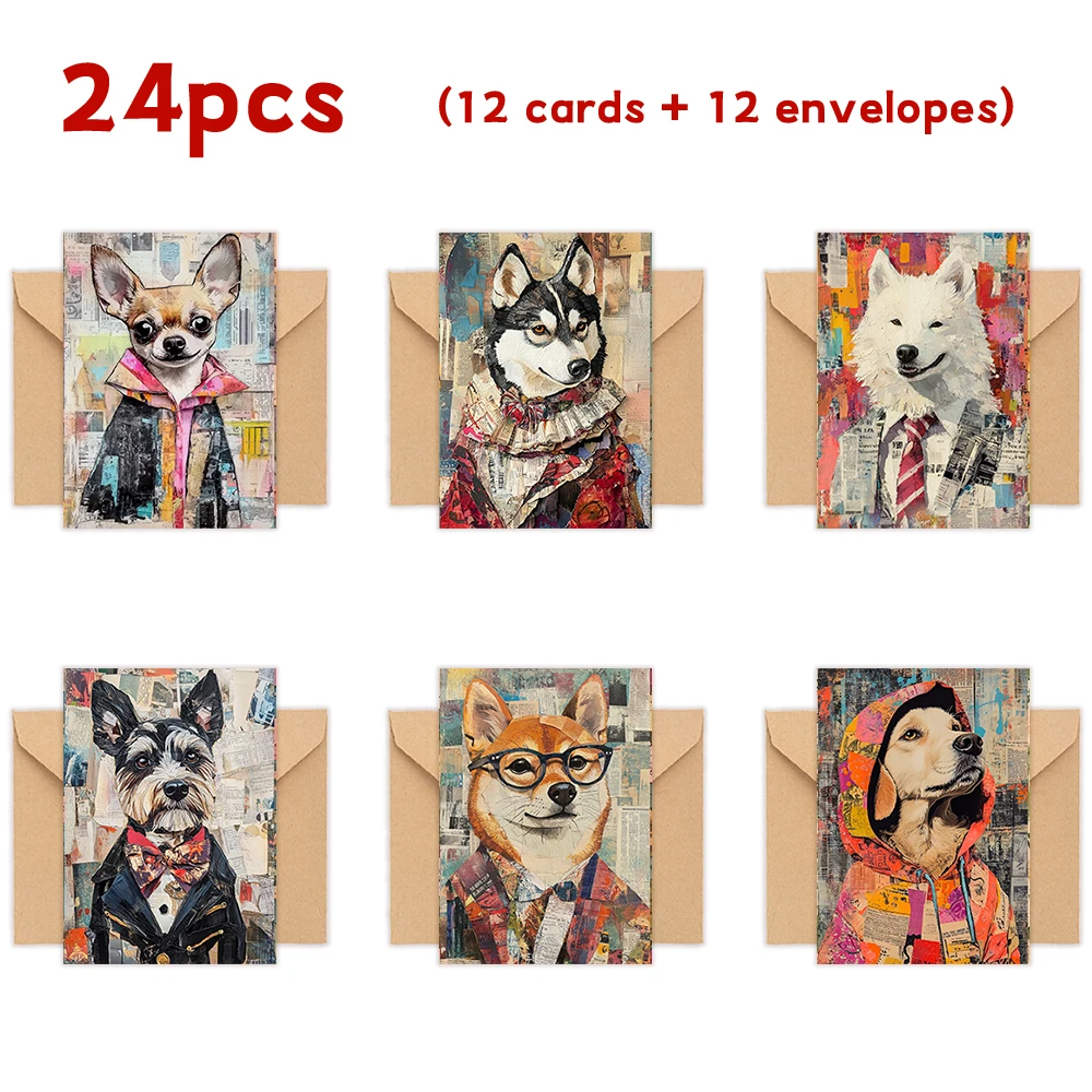 مجموعة بطاقات تهنئة للكلاب الأليفة مكونة من 24 قطعة مع مظاريف، وبطاقات دعوة DIY، ومتعة متعددة الوظائف، ومناسبة لأي شخص، ونمط مرقع