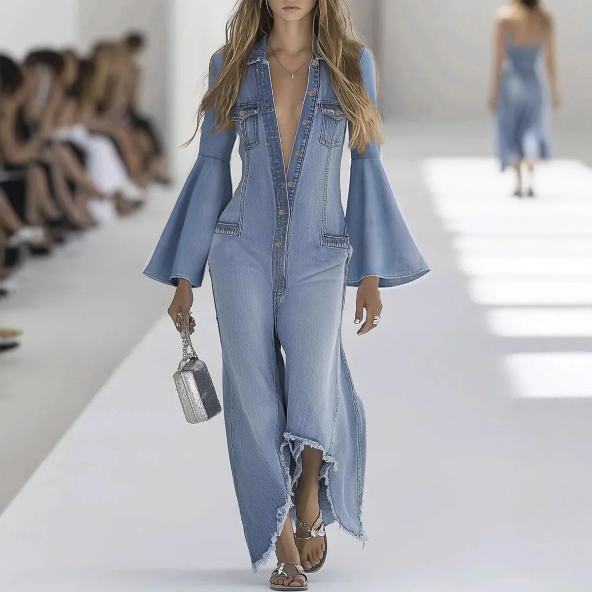 بدلة قفز فضفاضة بلون واحد من قماش الدنيم لعام 2025 بدلة نسائية واحدة الصدر غير رسمية للخريف والشتاء بأكمام مضيئة وياقة مقلوبة