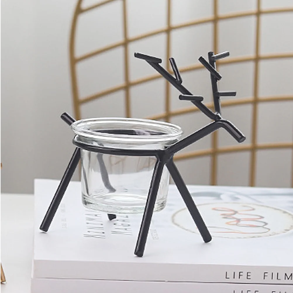 حامل عيد الميلاد الحديدي مع تصميم غزال من الحديد المطاوع باللون الأسود وحامل شمع زجاجي لديكور المنزل والمكتب والعطلات #1