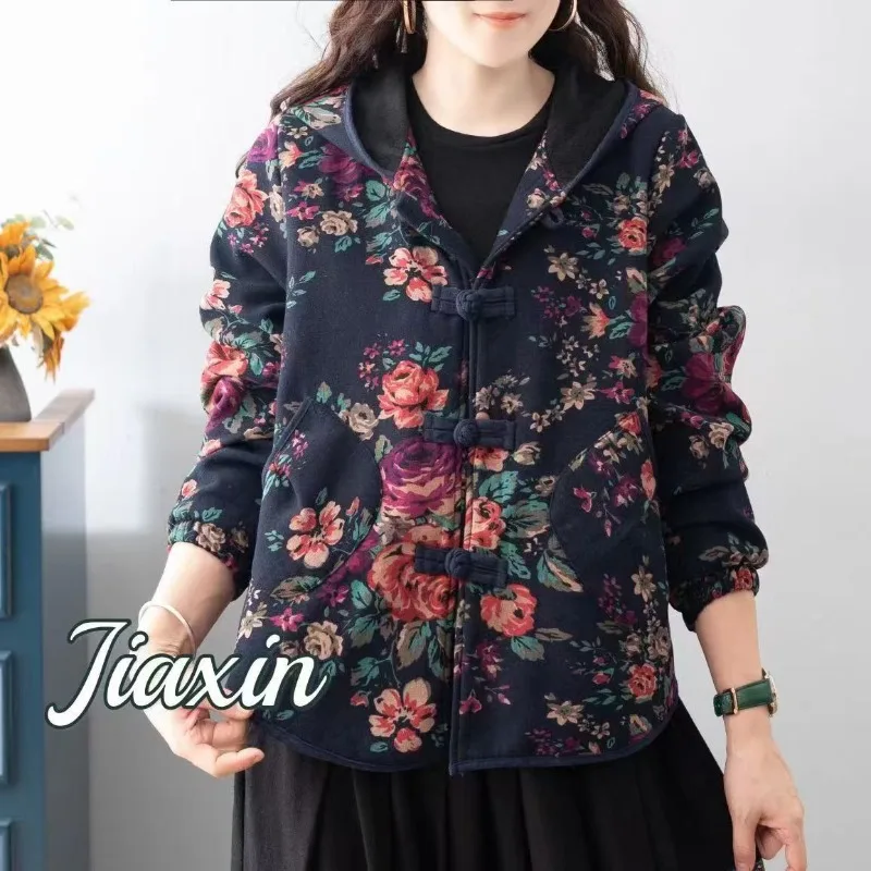 Thickened Retro Cotton Linen Button-up Fleece Printed Hooded Loose Large-sized Cardigan Jacket for Women New Autumn Winter Style