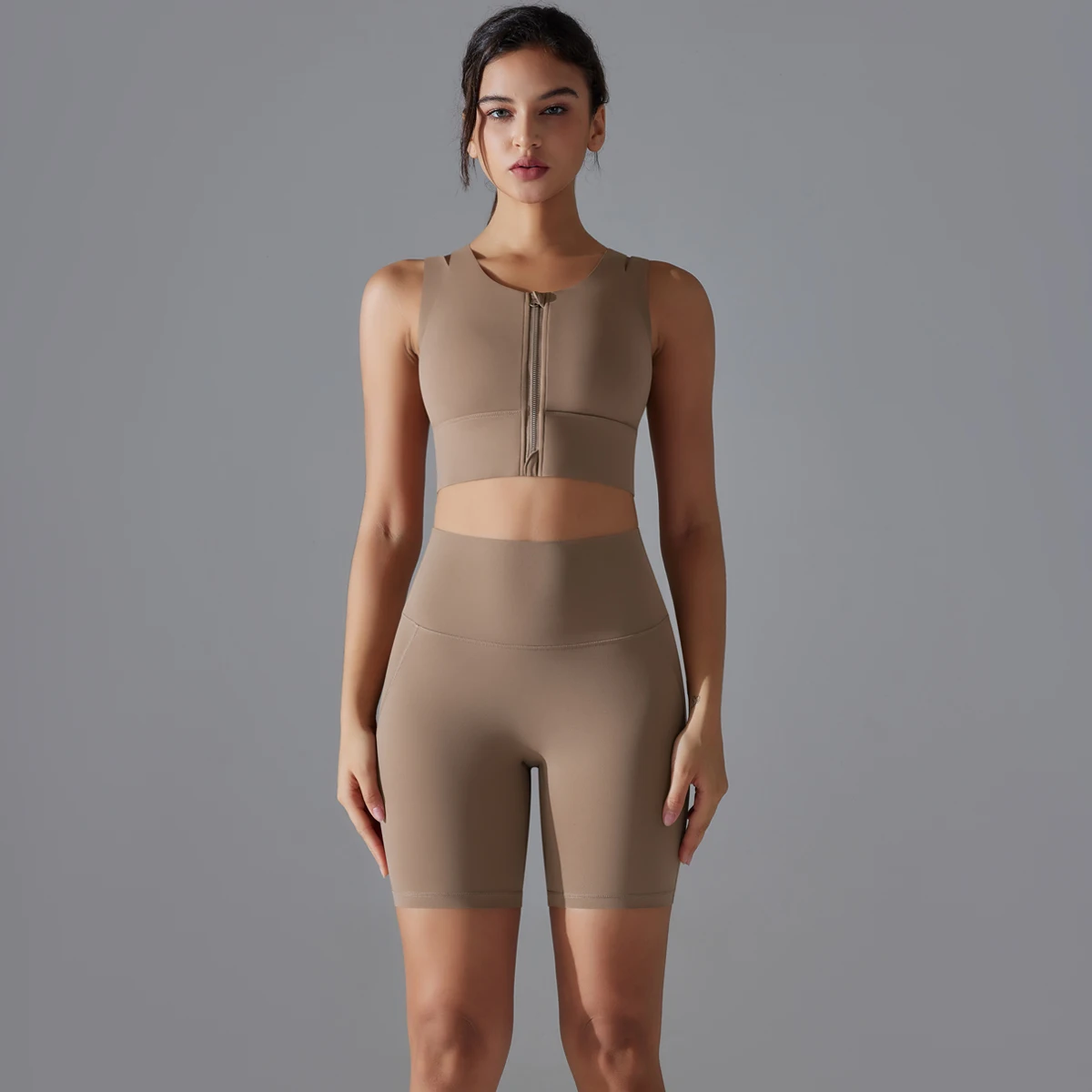 

Women Bra Shorts Set Yoga Set Workout Scrunch Shorts Sets Front Zipper Sports Bra Scrunch Shorts Fitness Clothes Gym Suit