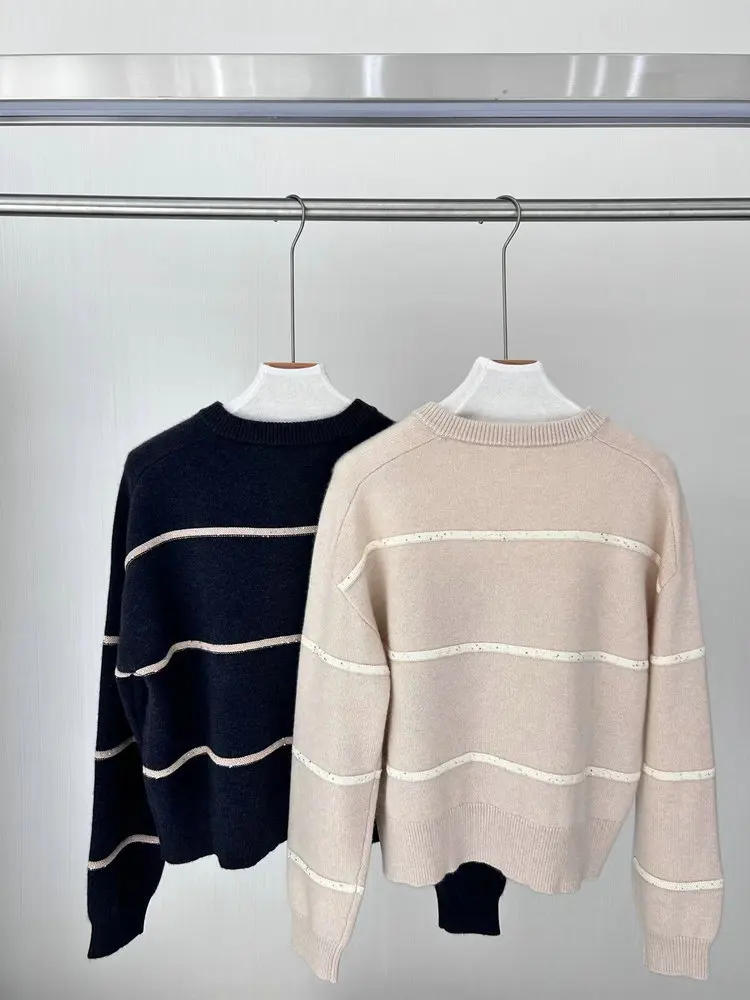 Autumn Winter B*C Women's Cashmere Sweater Striped V-Neck Long Sleeve Loose Ladies Knitted Pullover