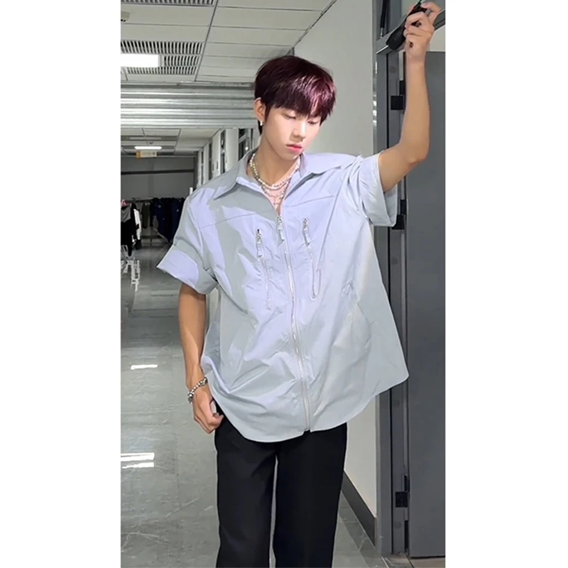 

oulder Pad ort Sve irt Light Blue Summer Thin Double Zipper Men's Faionable Trendy f Sve Button down irt