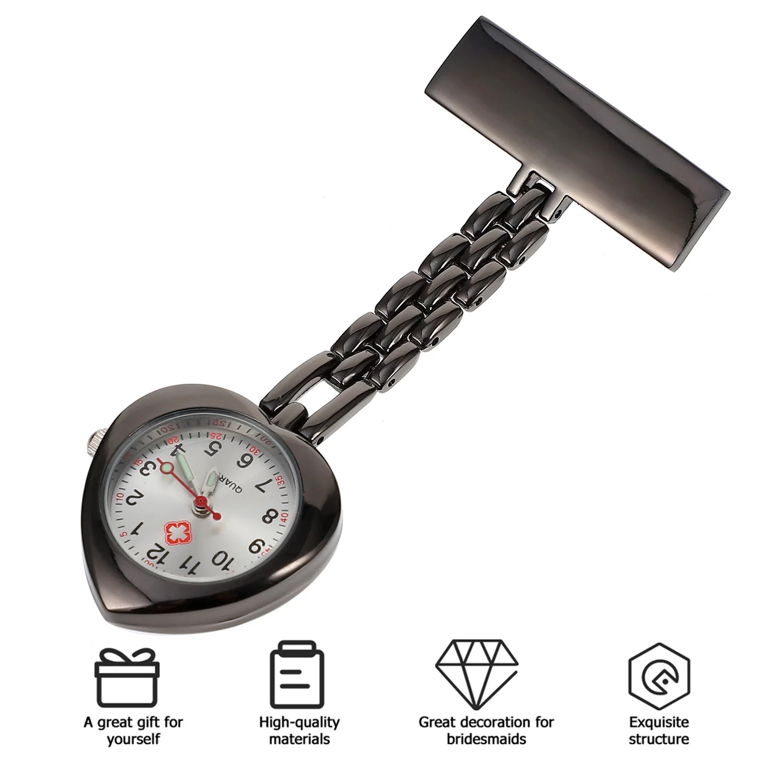 

1Pcs Heart-Shape Alloy Pocket Watch for Nurses Stainless Quartz Movement Large Dial Clip-on Chest Watch Nurse Timepiece Gift