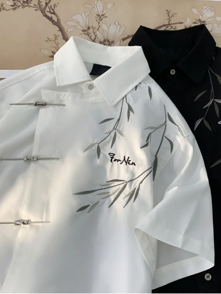 

Embroidered Bamboo Pattern Ice Silk ort Sve irt Men's Summer Design Metal Button New Chinese Sle Top Youth Faion