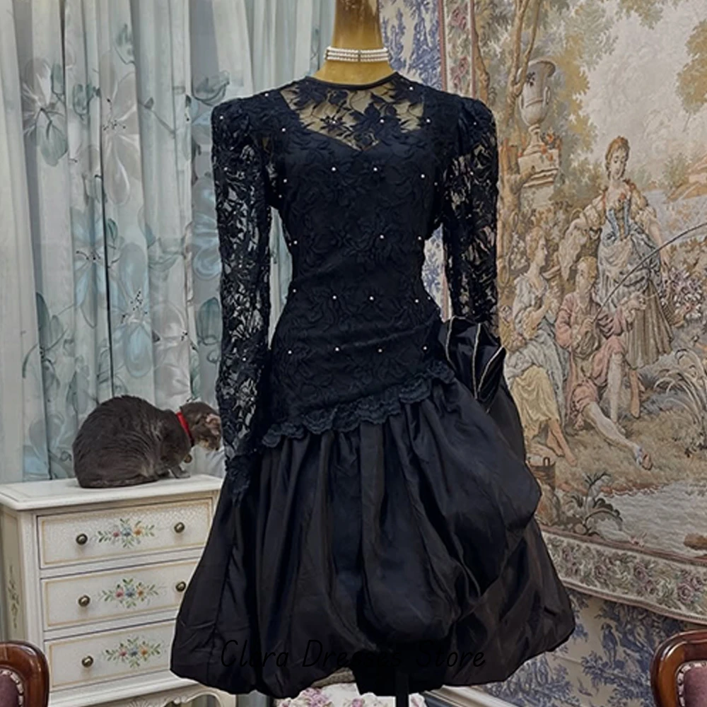 Simple Crew Neck Long Sleeves Evening Dress Customized A-Line Black Classic Party Dress High Quality Lace Bespoke Occasion Gowns