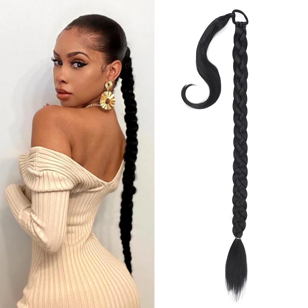 Long Braided Ponytail Extension with Elastic Tie 30 Inch Straight Wrap Around Hair Extensions Premium Synthetic Hairpieces