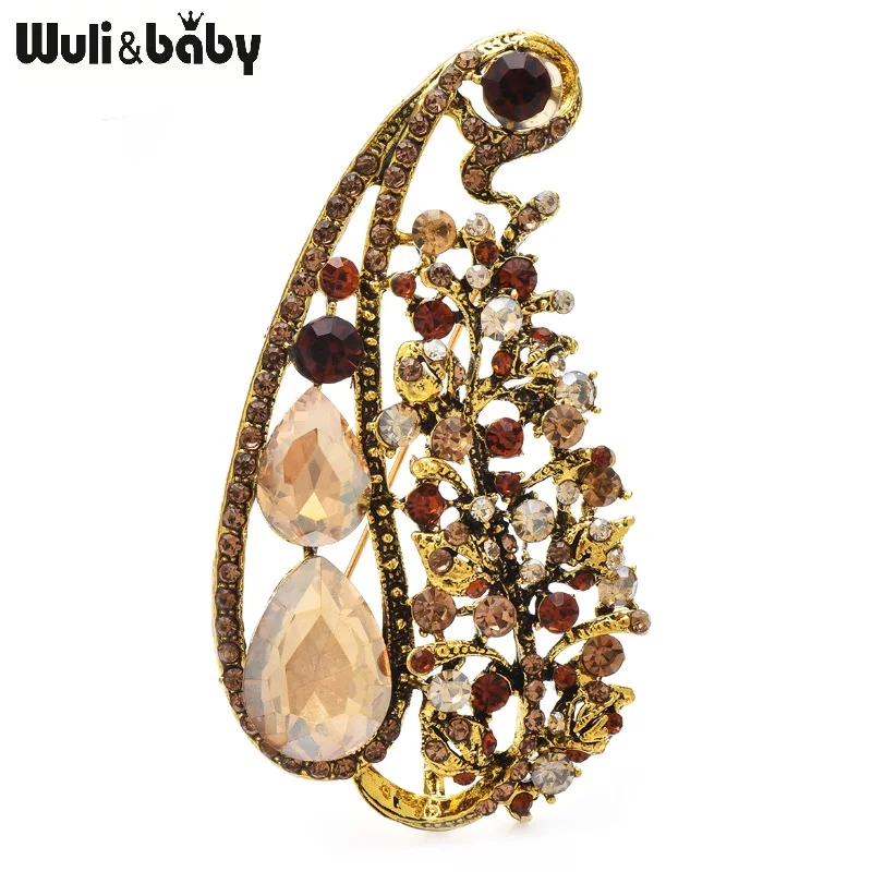 Wuli&baby Crystal Leaf Brooches For Women 4-color Vintage Flowers Plants Party Office Brooch Pins Gifts