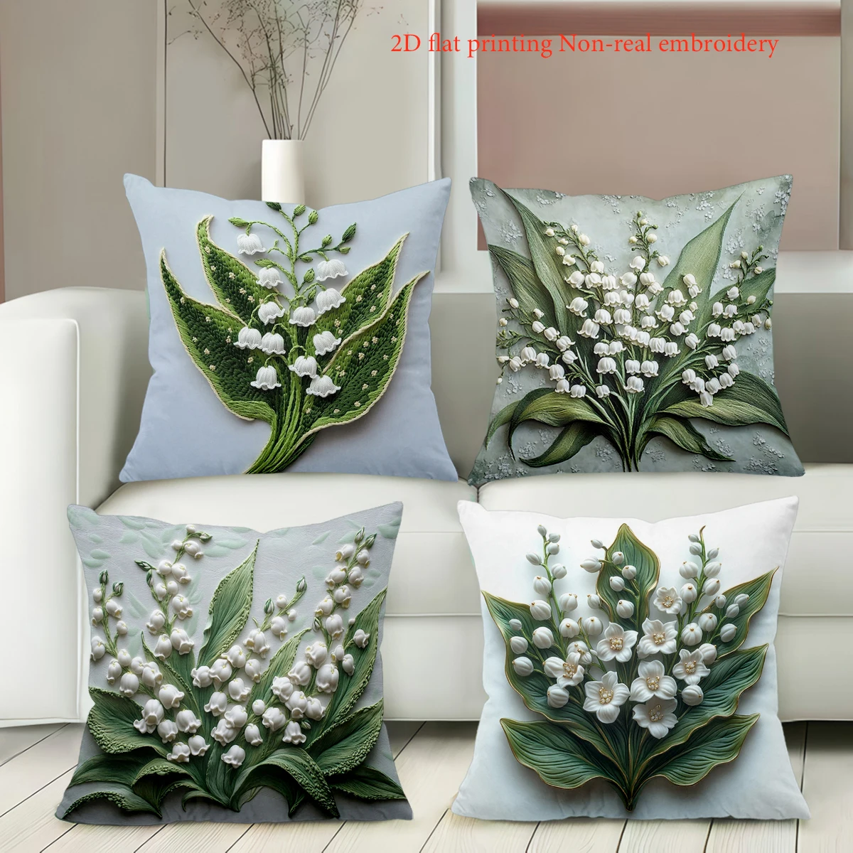 2D Flat Printing Lily of The Valley Imitation Embroidery Cushion Cover Polyester Pillowcase Sofa Decorative Cushion Cover