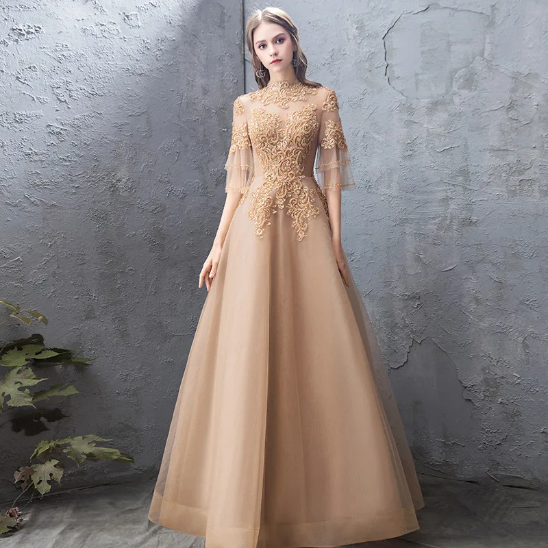 

2025 New Women's Summer Style Mesh Embroidery Banquet Gold Long Evening Dress Fashion Annual Meeting Host Grand Swing Dress