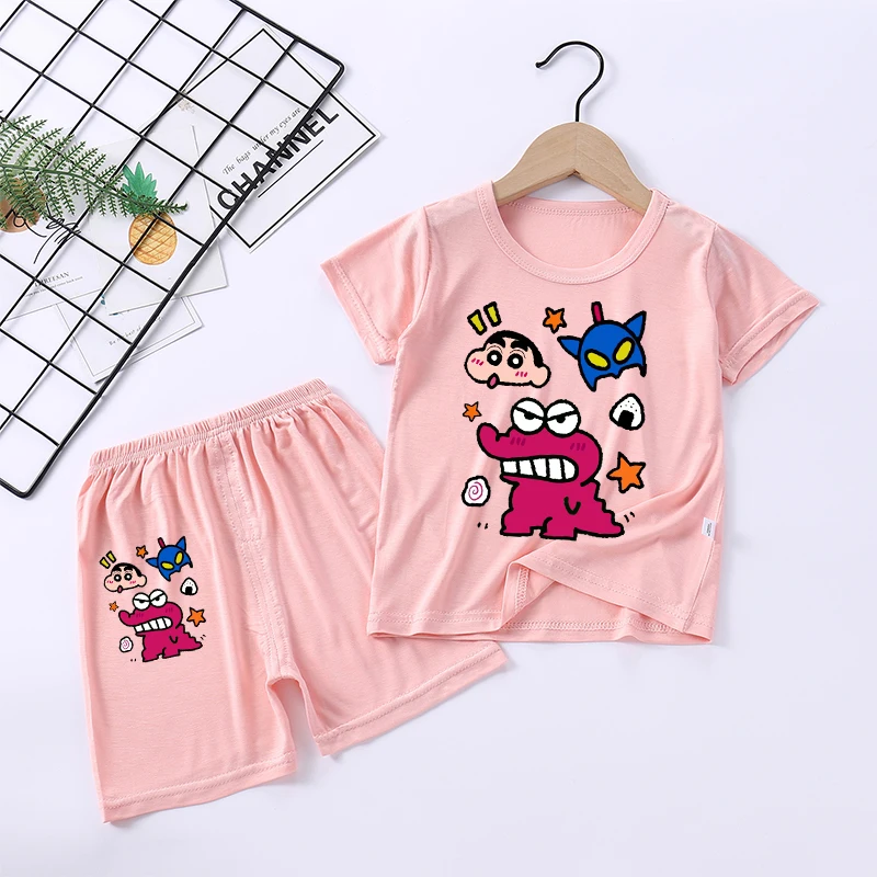 Crayon Shin-chan Girl Boy Sleepwear Anime Cartoon Pyjamas Set Children Home Wear Short Sleeves Shorts Kids Pajamas Summer Clothe