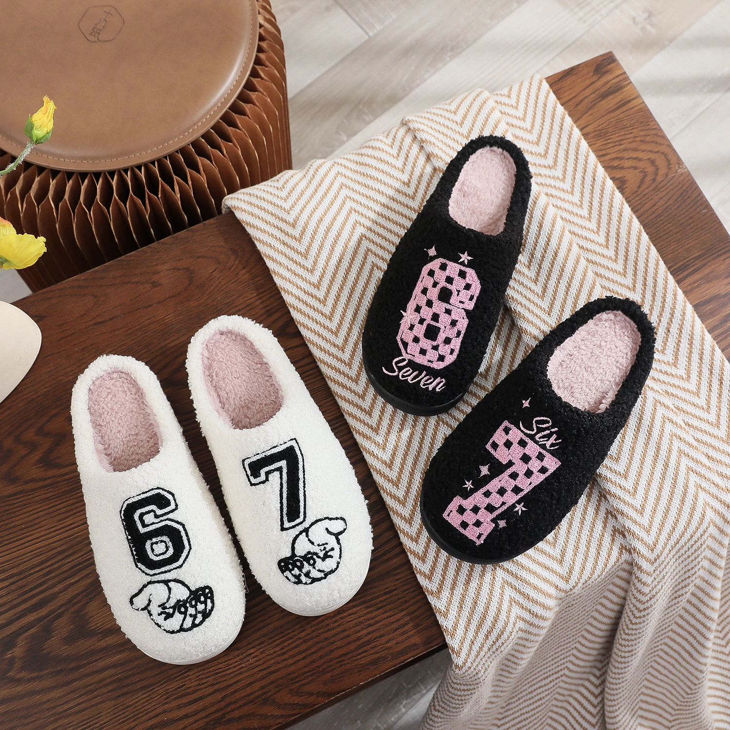 Trendy Checkerboard Pattern Number 67 Plush Slippers, Girly Pink Letter Design, Warm Indoor Non-Slip Cotton Slippers, New Autumn and Winter Model, Number 67 Embroidered Plush Slippers for Women