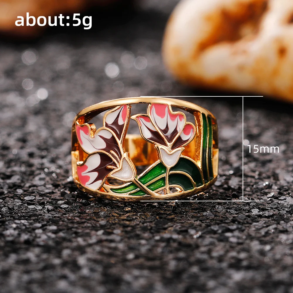 Huitan Romantic Pink Flower Hollow Out Band Women\'s Finger Ring Gold Color Creative Enamel Rings for Party Jewelry Drop Shipping
