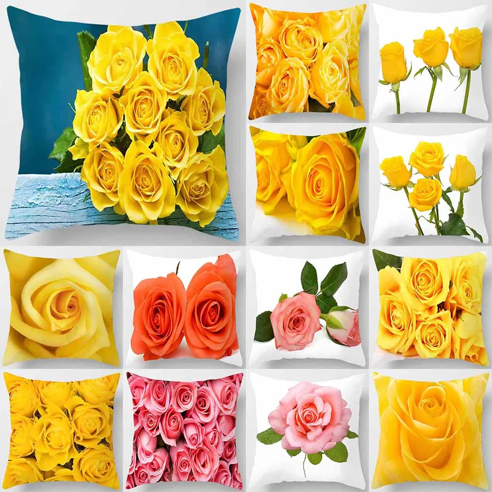 

Yellow Rose Print Pattern Cushion Cover for Home Living Room Sofa Bedroom Car Decoration Throw Pillow