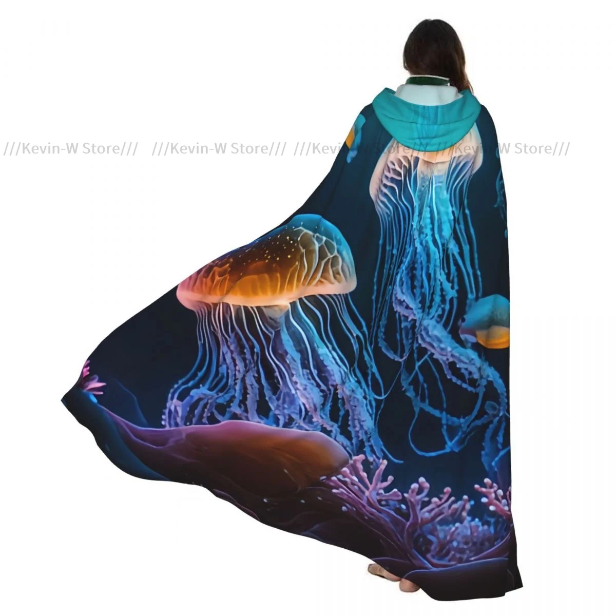 

Adult Cloak Cape Hooded Jellyfish In The Ocean Sea Medieval Costume Witch Wicca Vampire Elf Purim Carnival Party