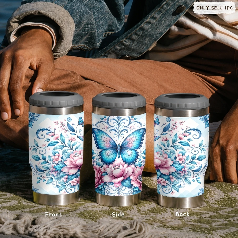 

Blue Butterfly Geometric Vacuum Flasks 4-in-1 Stainless Steel Can Cooler Insulated Beer Soda Coffee Holder Dual Lids Fits 12oz