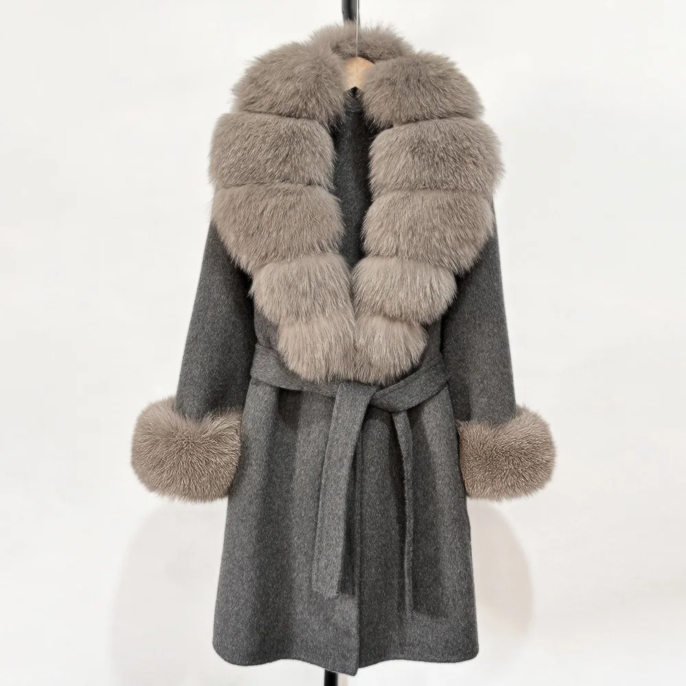 

Cross-Border Double-Sided Cashmere Coat For Women, Long Style 2025 New Genuine Fox Large Fur Collar Woolen Outerwear