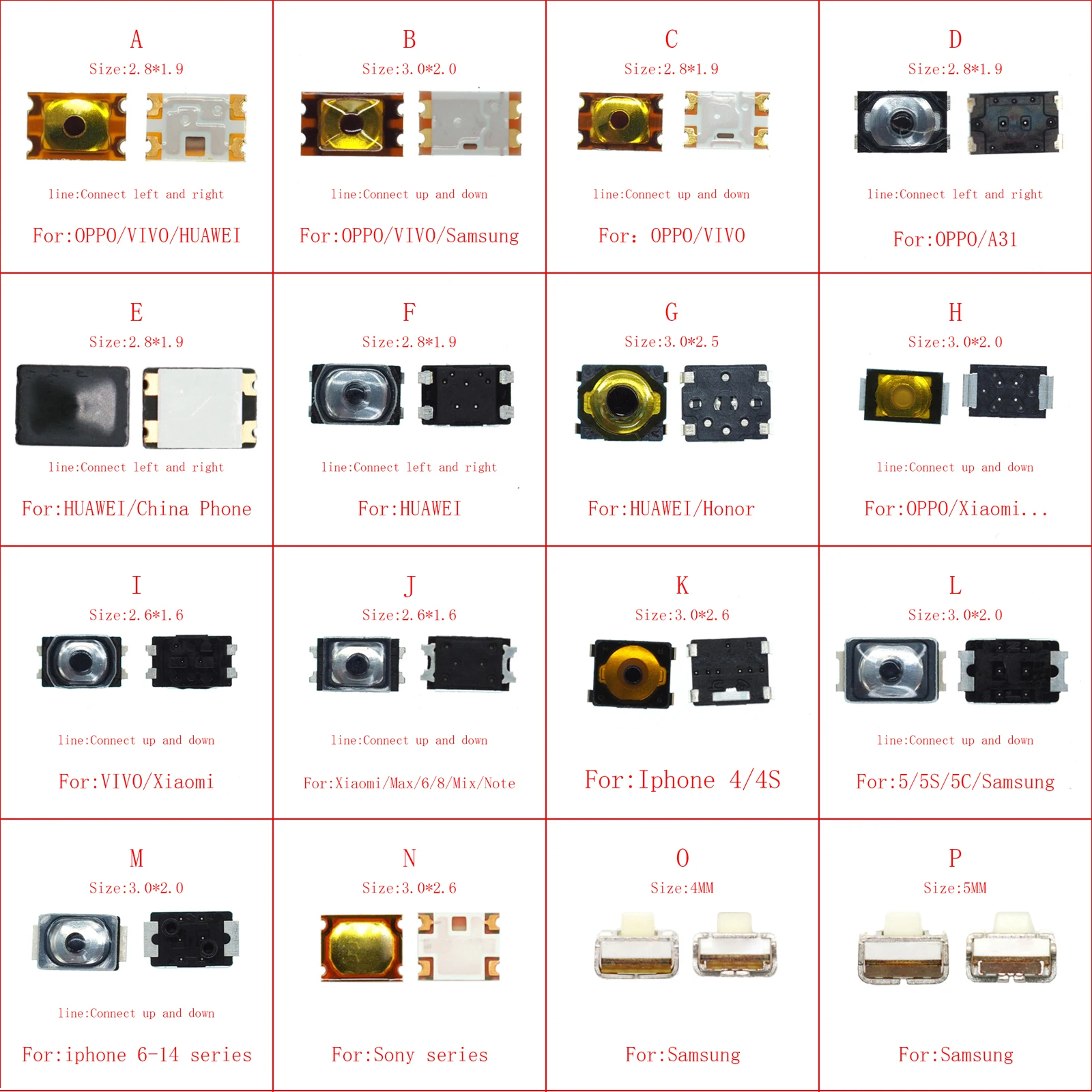 50 sztuk 3*2/2.8*1.9/2.6*1.6/4 MM włączanie i wyłączanie wewnętrznego przycisku sterowania dla Iphone Huawei OPPO Xiaomi Samsung VIVO Honor przełącznik głośności