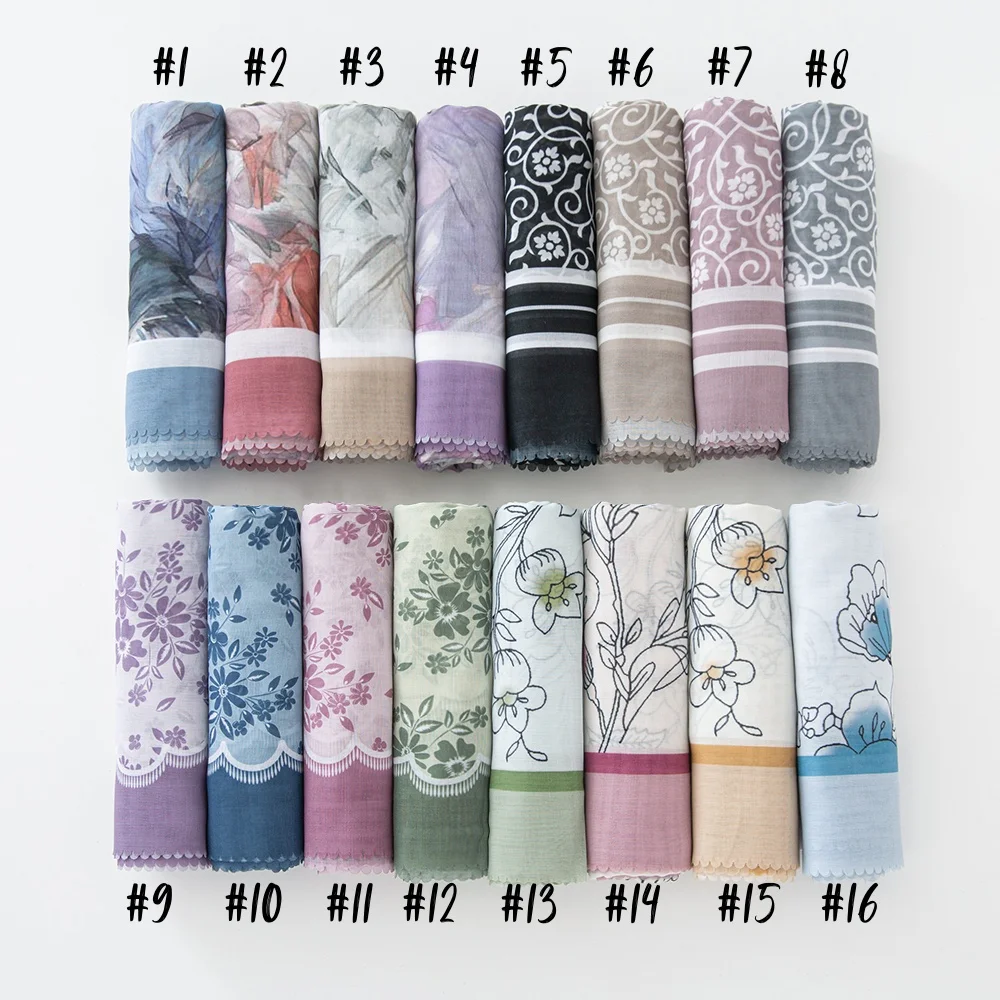 51Colors Malaysia Tudung Bawal Flower Print Hijab Laser Cut Edge Headscarf Premium Cotton Voile Soft Fashion Muslim Square Scarf