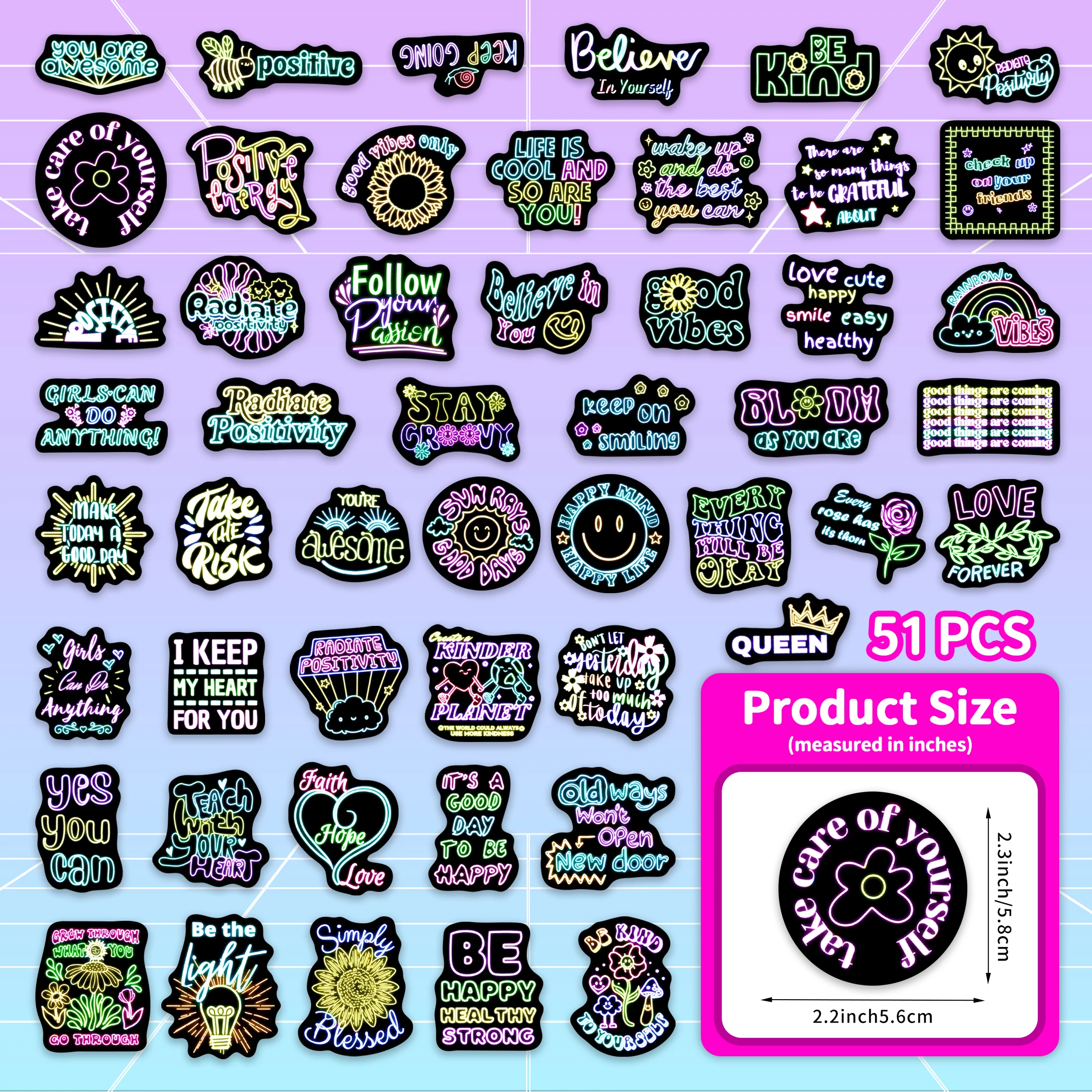 50Pcs Neon Positive Phrase Glow in the Dark Stickers Waterproof Vinyl Decals Computer Phone Decoration for Kids DIY Gifts