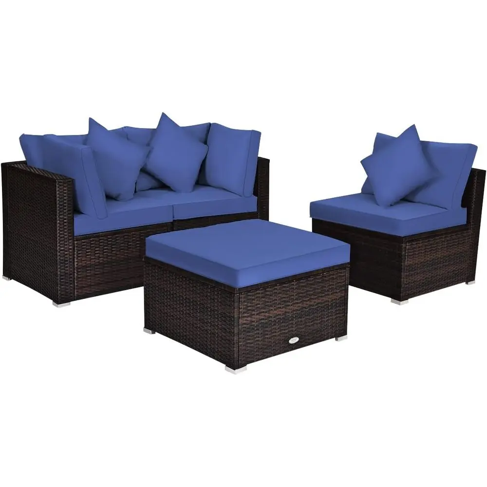

Outdoor Wicker Sectional Sofa Set with Cushions & Pillows for Patio, Garden, Poolside, or Balcony (Blue)
