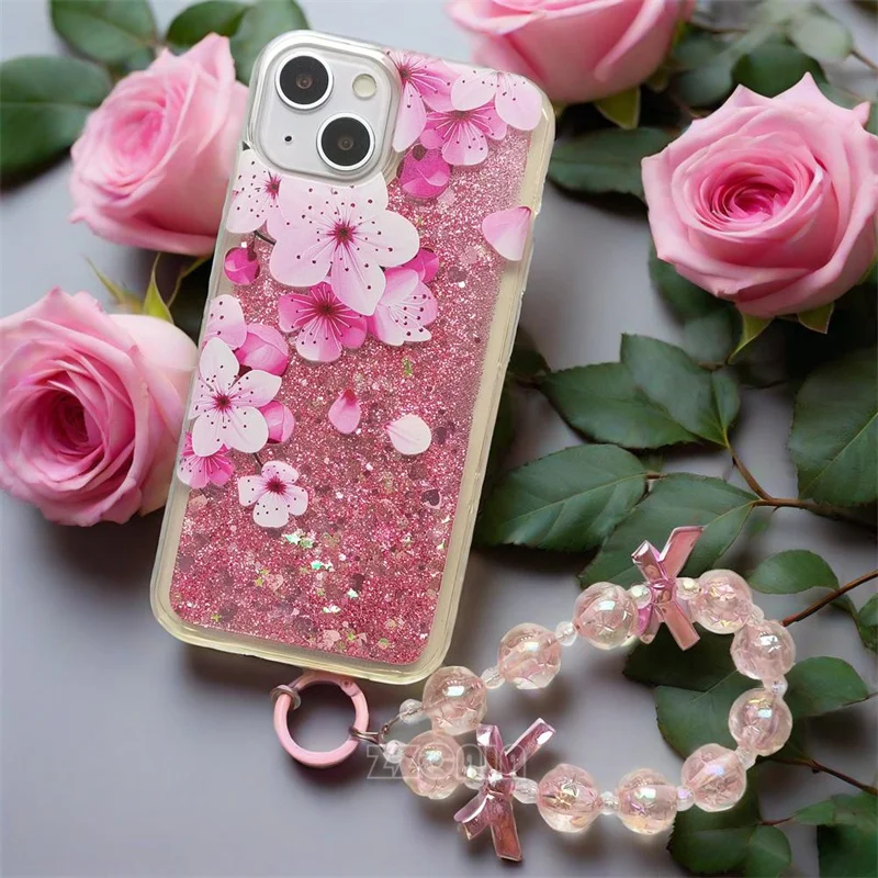 Flores de melocotón rosa para VIVO V40 Pro V30 V29 Lite 5G V27 V25 V23E V21 V20 SE V15 funda con purpurina de arena movediza líquida cadena de correa
