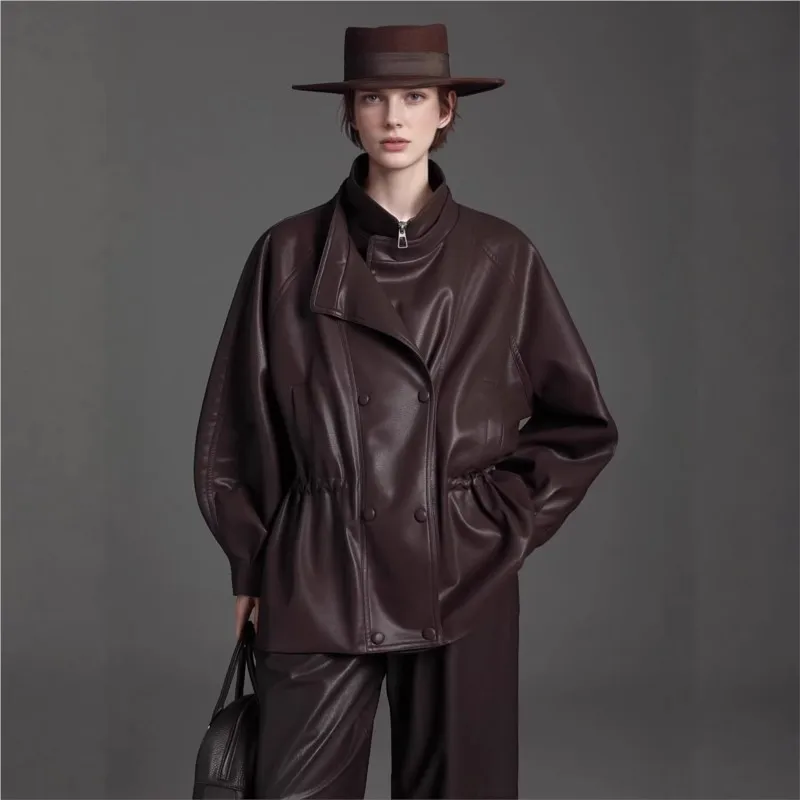 A new style of casual loose for women with double-breasted leather collar and double pockets