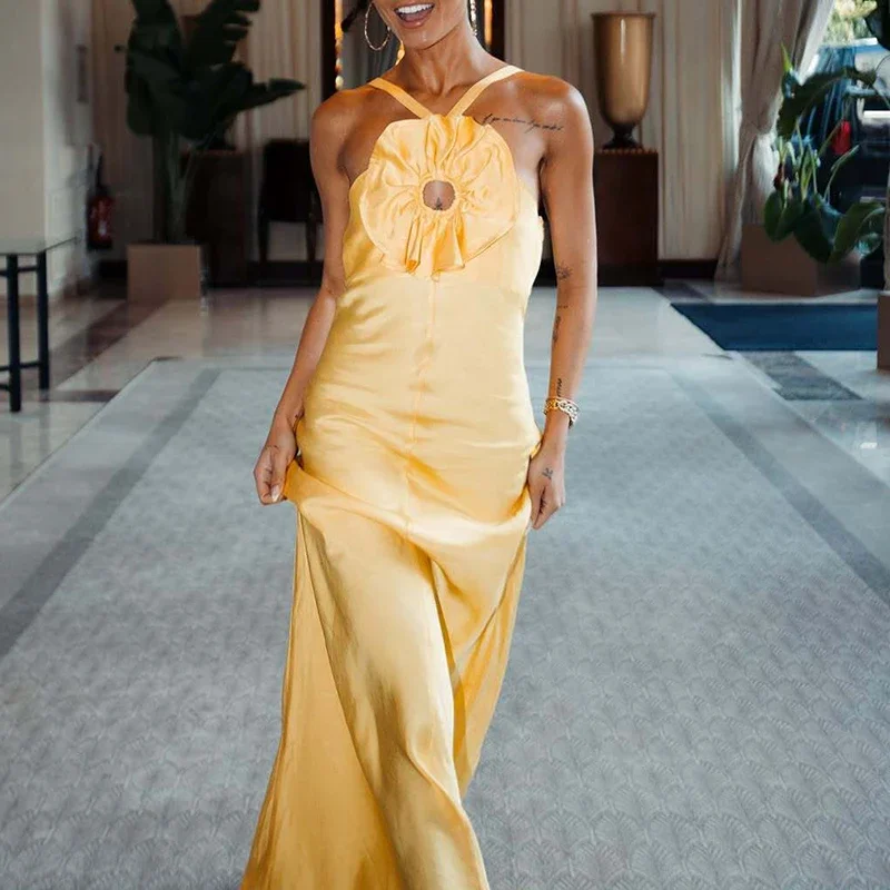 Luxury Satin Sleeveless Backless Gala Dress Elegant Lady Solid Color 3D Chest Floral Party Dress Fashion Hollow Out Halter Dress