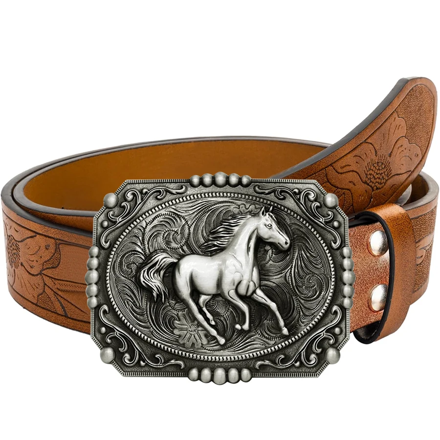 1pc Men's Western Style Belt, Wild Horse, Carved Floral Patterns and Long Horn Decorations, Retro Style, Great Valentine's Day G