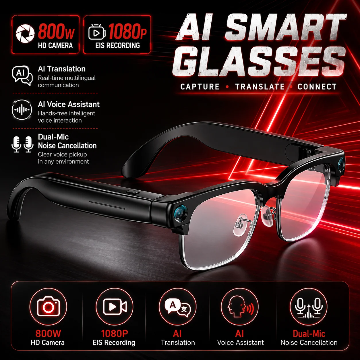 2026 New Half Frame Smart Glasses with 800W Pixels for Recording Photography AI Translation Calling Music and Smart Glasses