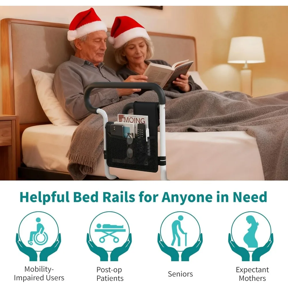 Riel de seguridad para cama ajustable para personas mayores con bolsillos de almacenamiento, soporta 300 libras, se adapta a todos los tamaños de colchón