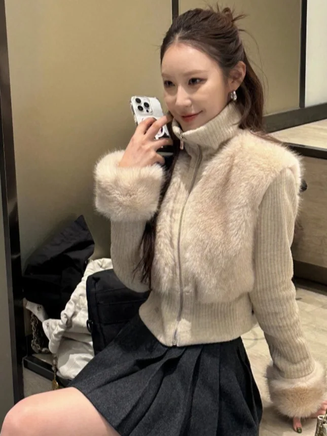 Retro Jesienno-Zimowy Płaszcz z Imitacji Futra, Dzianinowy, z Naszywkami, Dopasowany Krój, Damski, Elegancki, Wszechstronny, Ciepły, Rozpinany Kardigan lub Odzież Wierzchnia