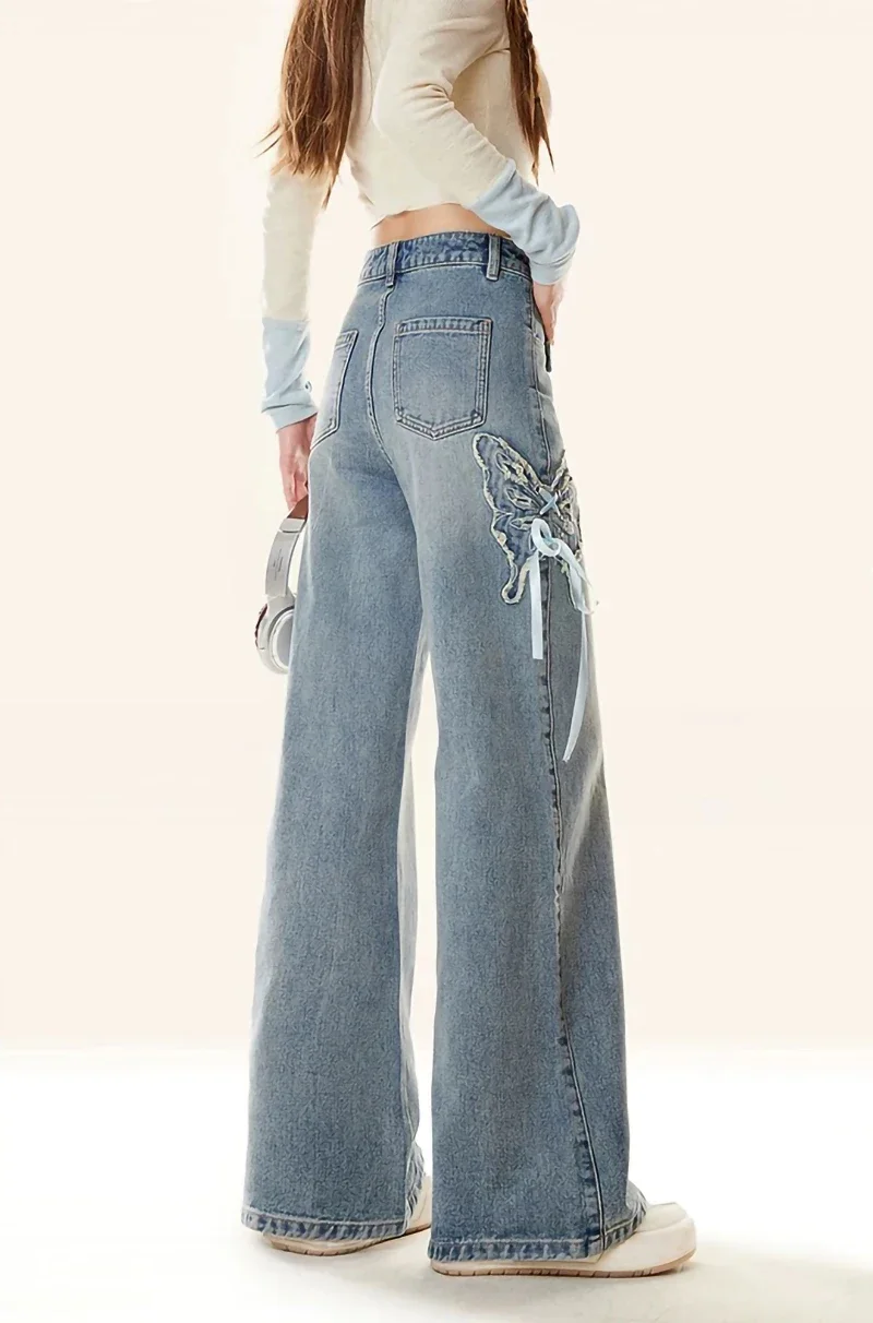 Pantalones vaqueros con lazo bordado azul Vintage para mujer Y2k Harajuku japonés 2000s pantalones vaqueros de vendaje de gran tamaño pantalones vaqueros holgados ropa de basura