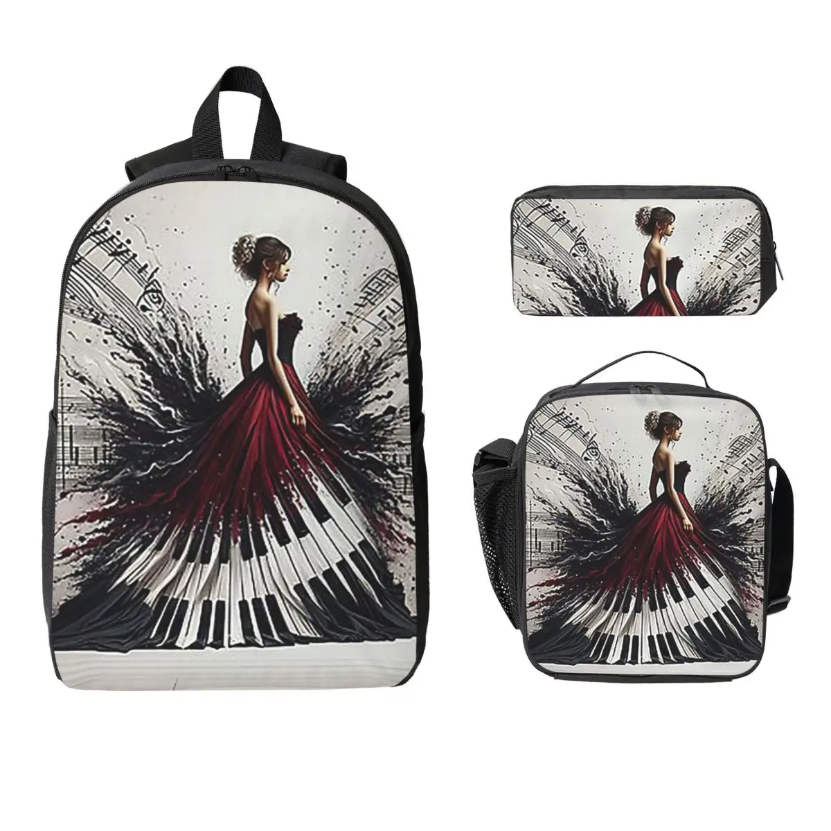 

Beautiful Lady Piano Musical Notes, Wavy Dress Backpack BookBag School Bag Shoulder Bags 3ps Insulated Lunch Bag Pencil Case