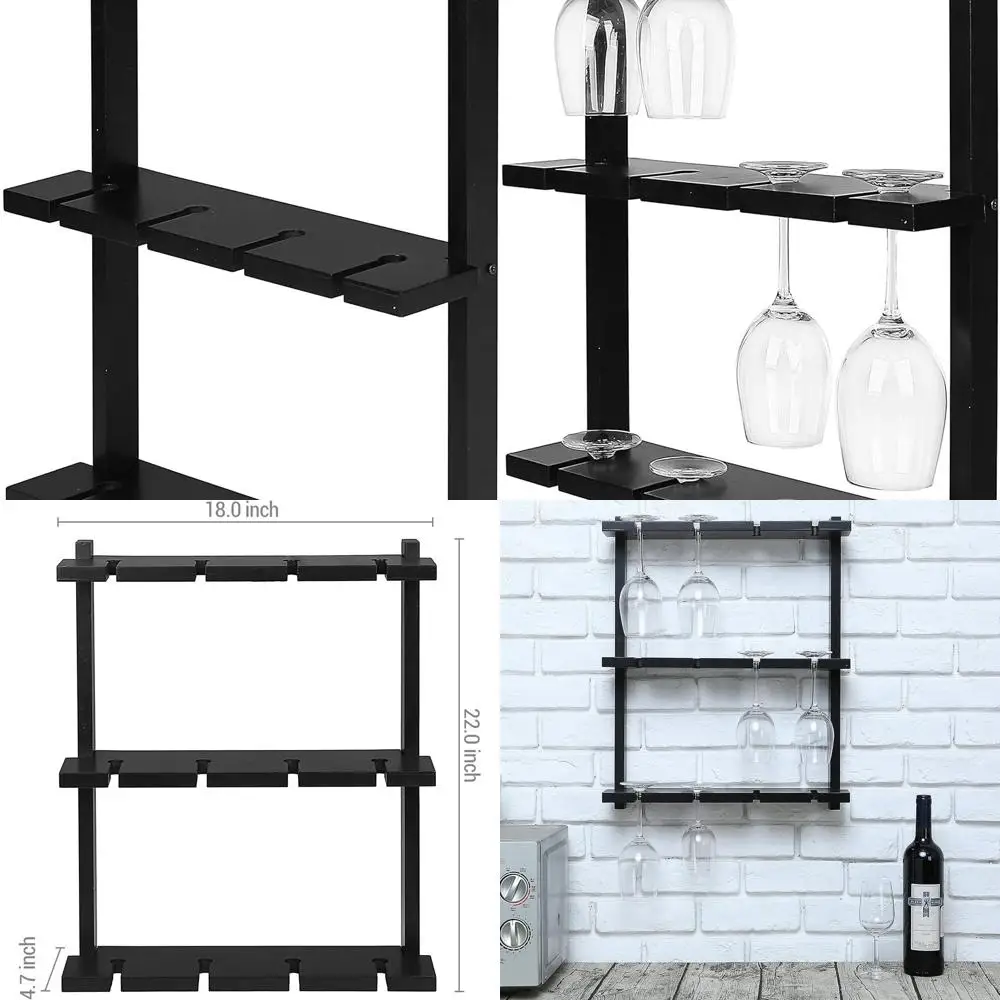 

Wall-Mounted Black Wooden 12-Bottle Stemware Rack for Wine Glasses - Kitchen & Bar Storage