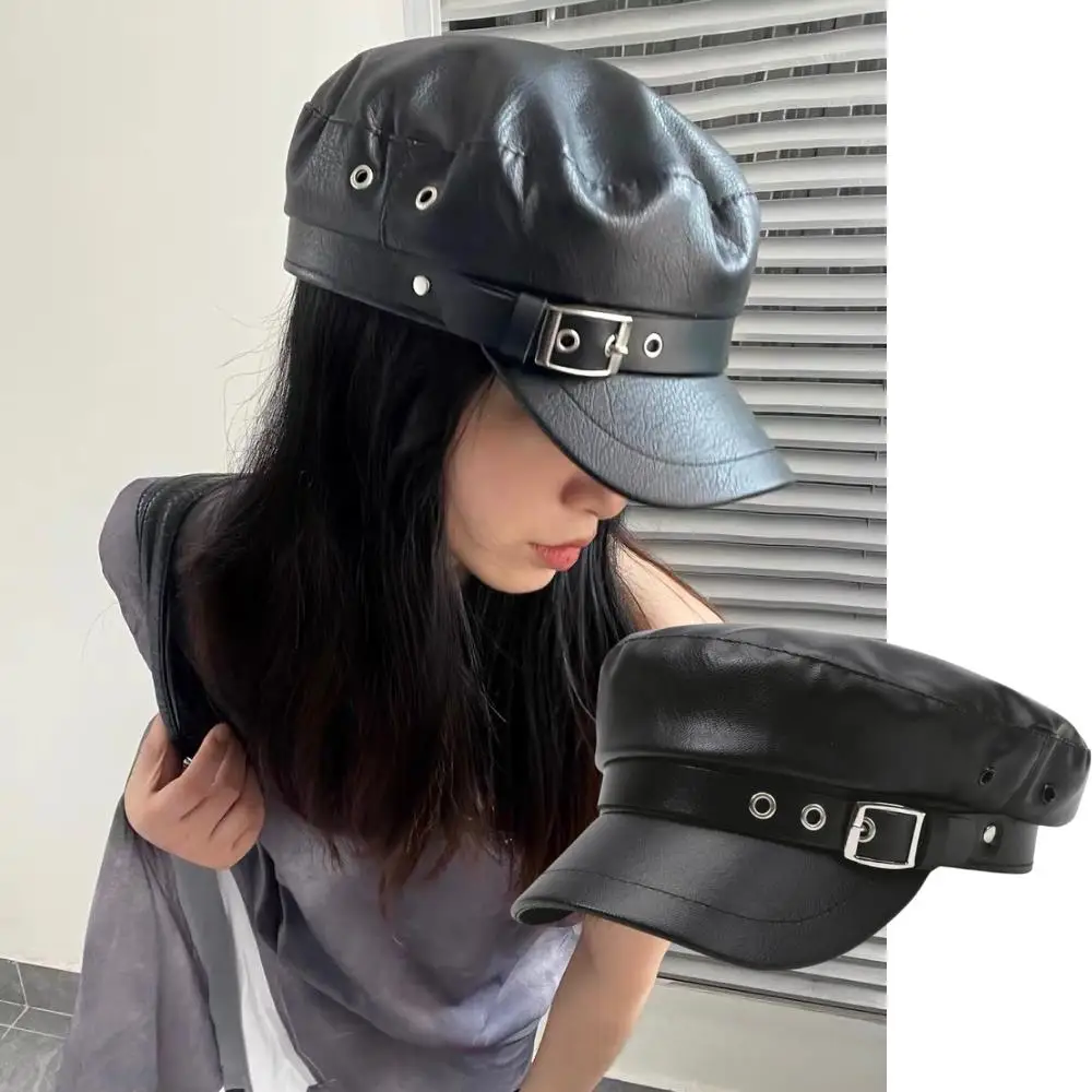 

Women Newsboy Cap Ajustable Painter Hat Spring And Autumn Versatile Beret Retro Flat Top Visor Black Pu Leather Military Caps