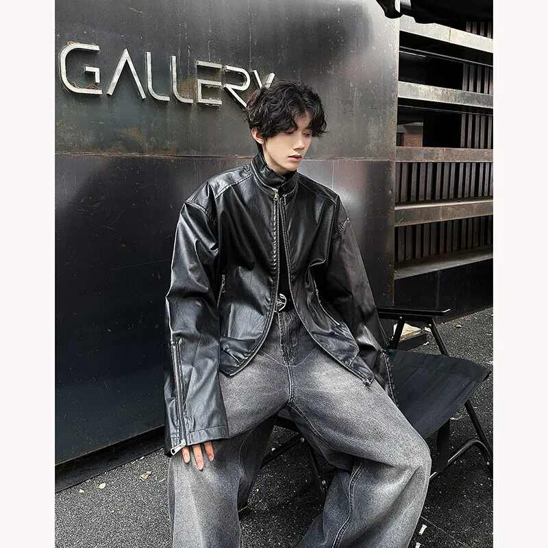 [OIMG] 24 Korean Volkswagen Minimalist  Short PU Jacket Boys' Fashion Trend High Street Dark Style Design Sense