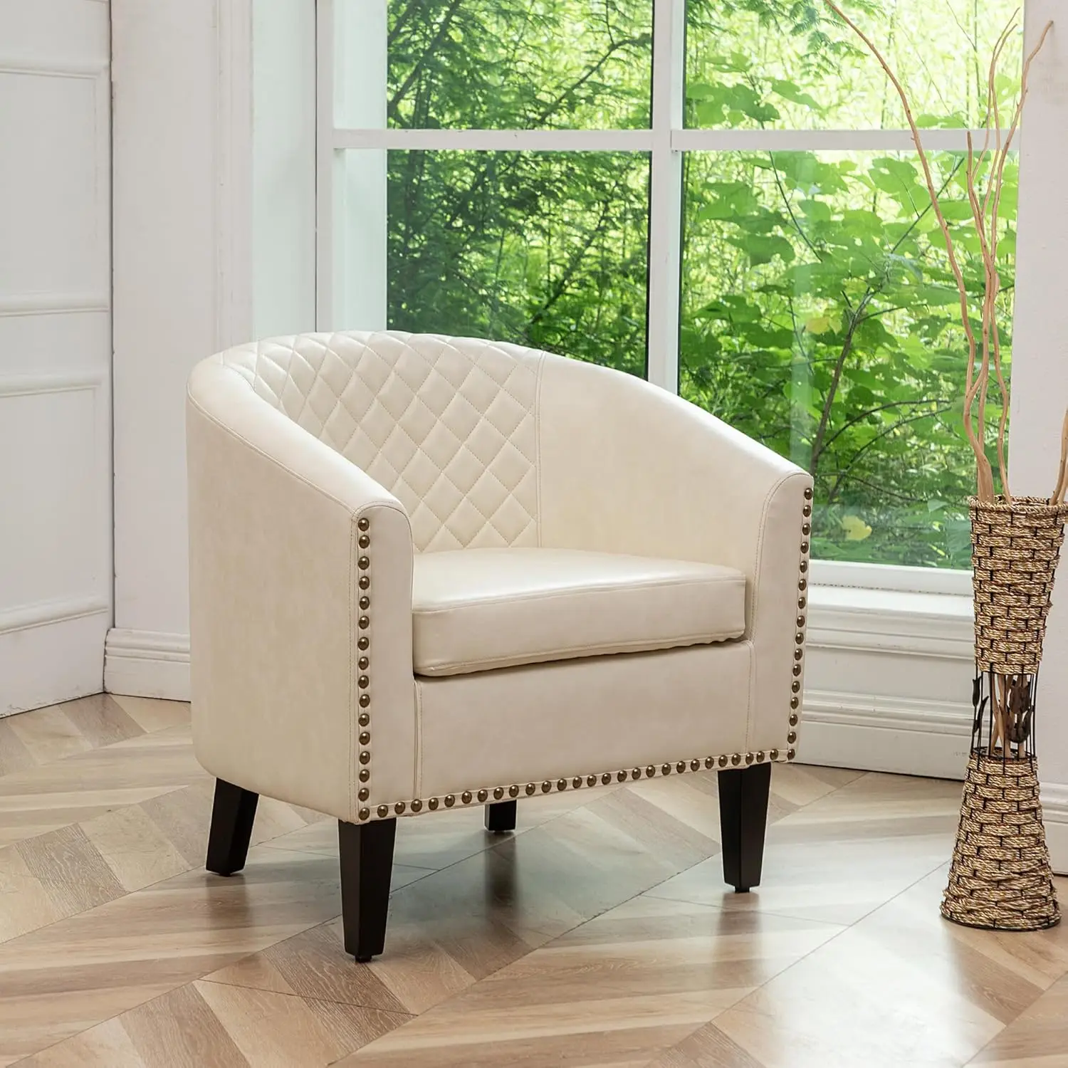 Modern Faux Leather Barrel Chair, Tufted Accent Armchair with Nailhead Trim, Small Club Chair for Living Room Bedroom Apartment