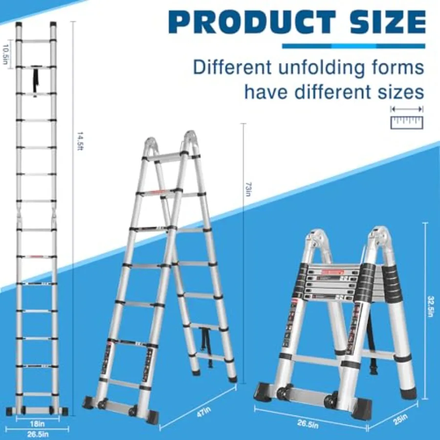 14.5FT A Frame Telescoping Ladder Extension Multi-Purpose with Balance Bar Wheels Heavy Duty Silver Ladder 330 lbs Max Capacity
