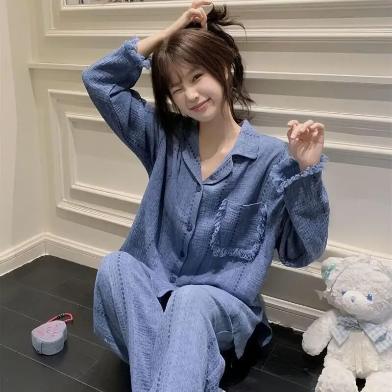 

Новый модный женский комплект пижамы с длинными рукавами и брюками из мягкого хлопка, больших размеров, для дома и улицы, свободного кроя, класса люкс, весна-осень-зима