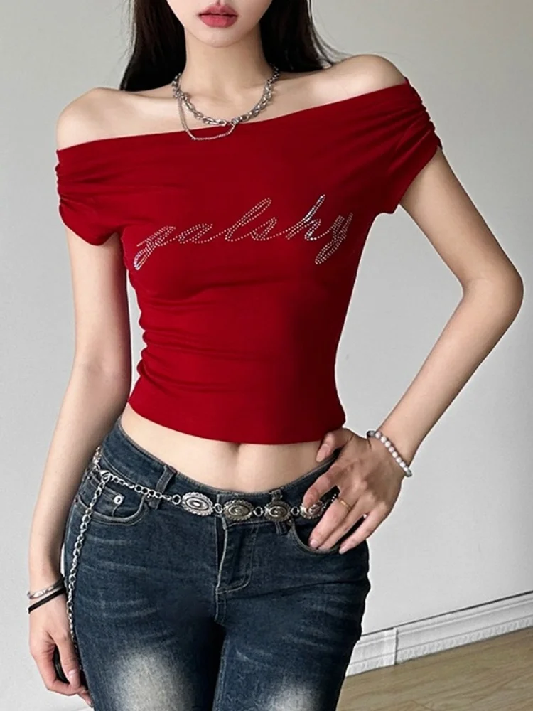 Off Shoulder T Shirts For Women Fashion Clothing Hot Drilling Ropa De Mujer High Streetwear Crop Top Summer Y2k Accessories