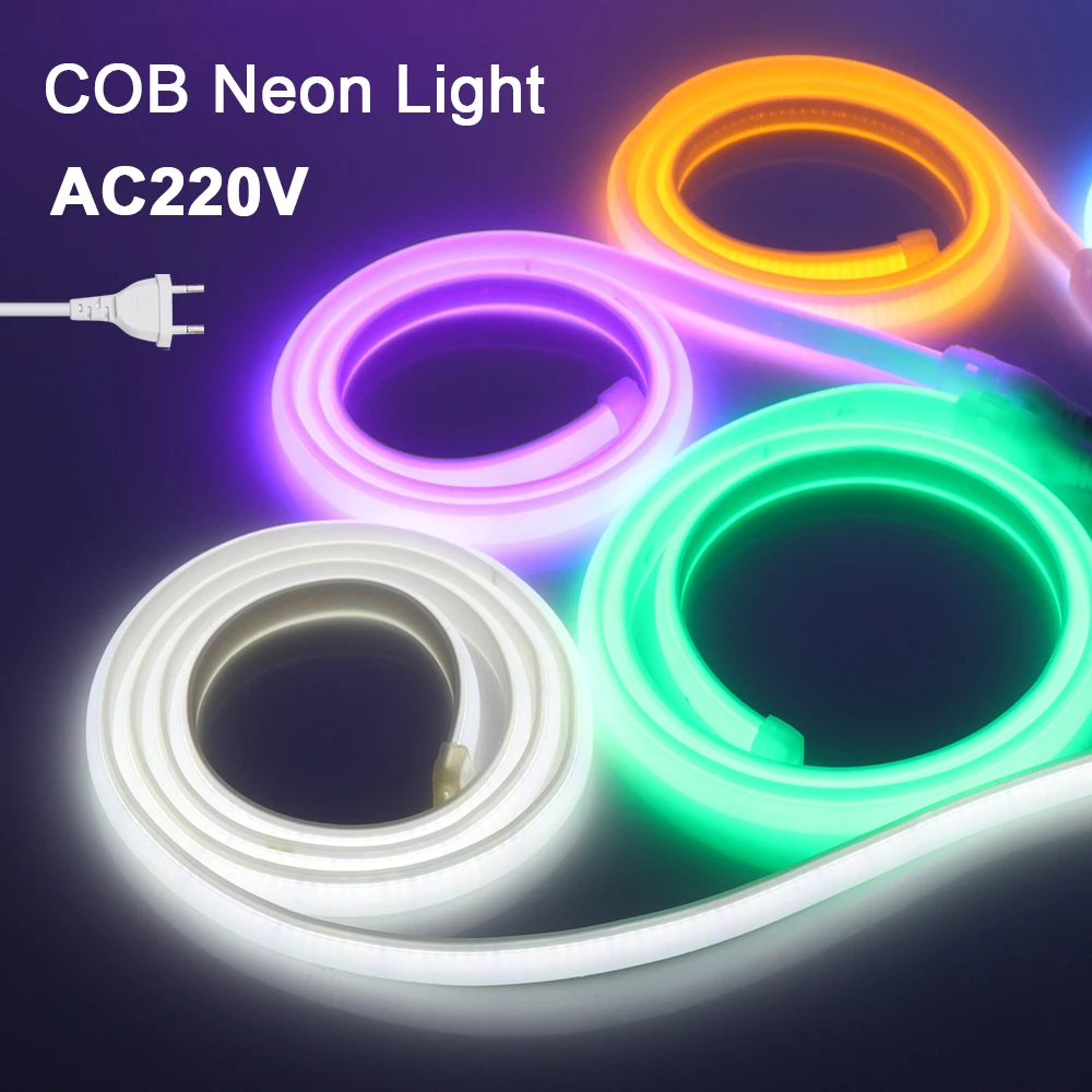 

220V COB LED Strip Neon Light 288LEDs/M 3000K-6000K Flexible LED Tape Light with Switch IP65 Waterproof for Home Lighting Decor