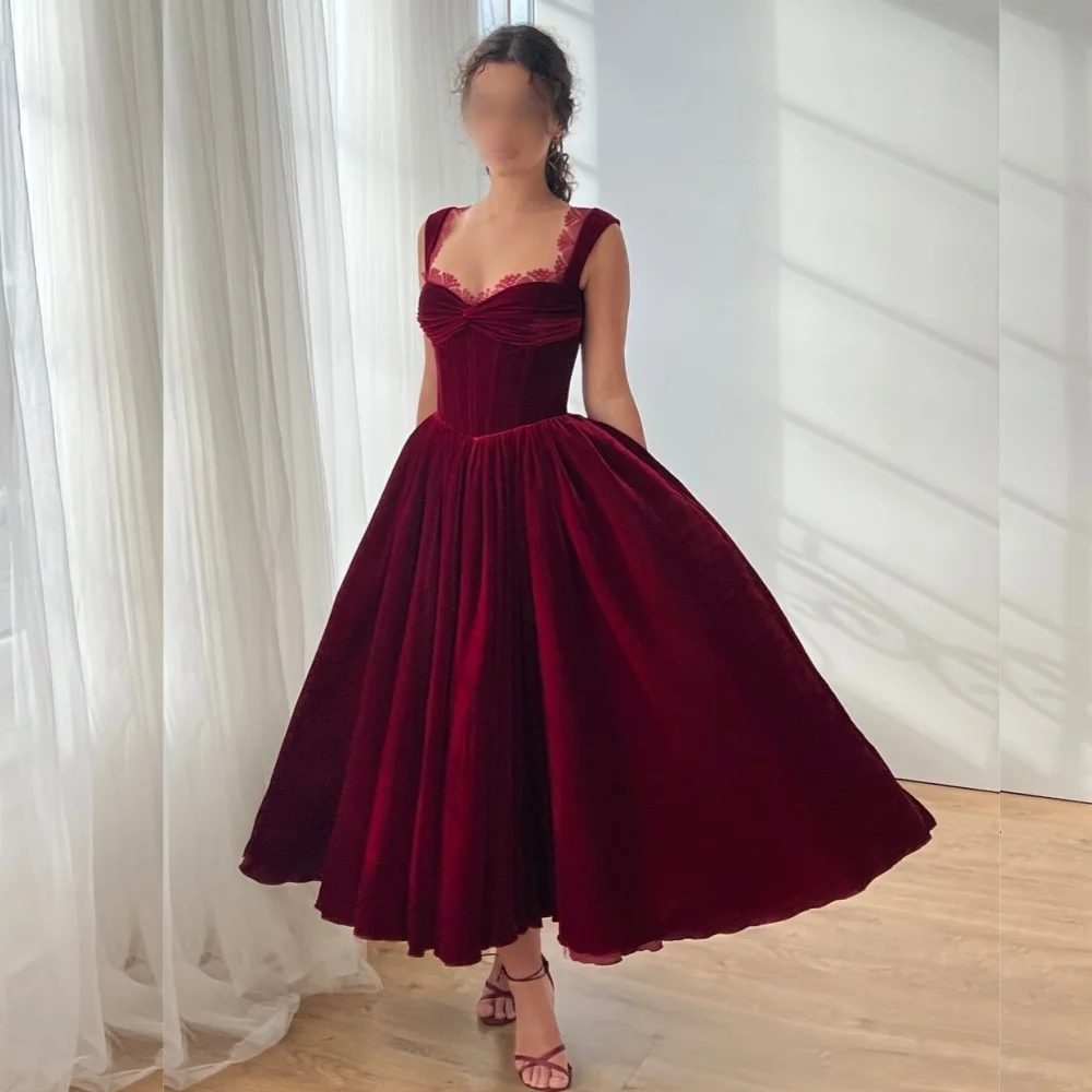 Customized Velour Lace Edge Pleat A-line Midi Dresses Bespoke Occasion Prom Evening Gown Woman Elegant Party Wedding