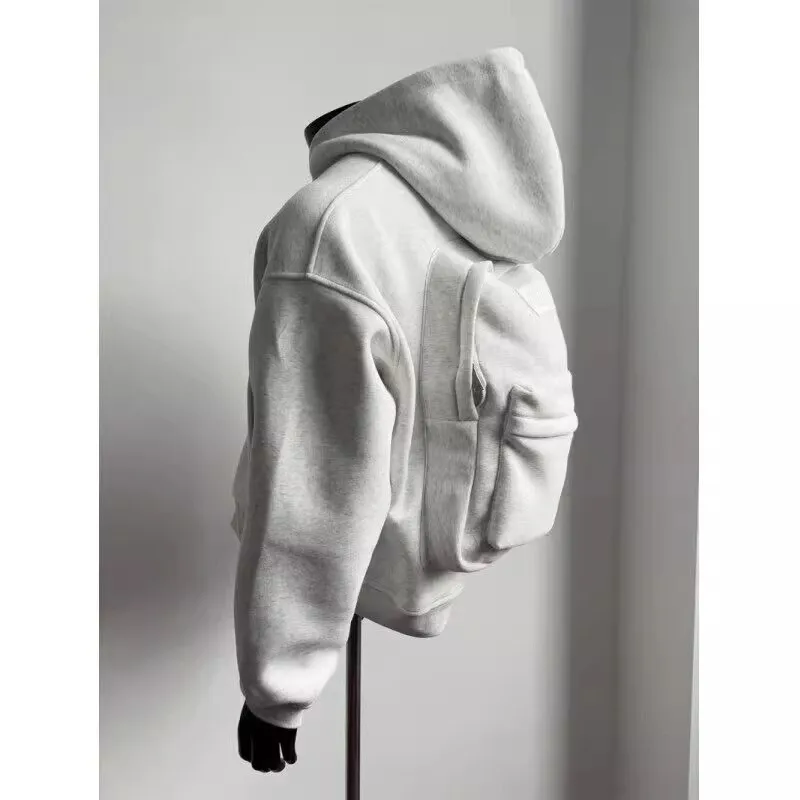 Men's Stylish Sports Hooded Jacket White & Gray 3D Backpack Cardigan Heavyweight Short Wide Sweatshirt